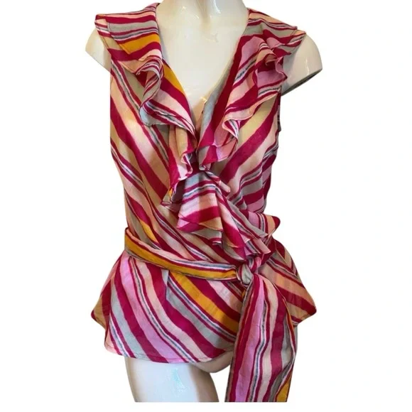 Lauren Ralph NWTS Multi Pink Sleeveless Ruffle Wrap Top Deep Vneck Size Small - Picture 1 of 12